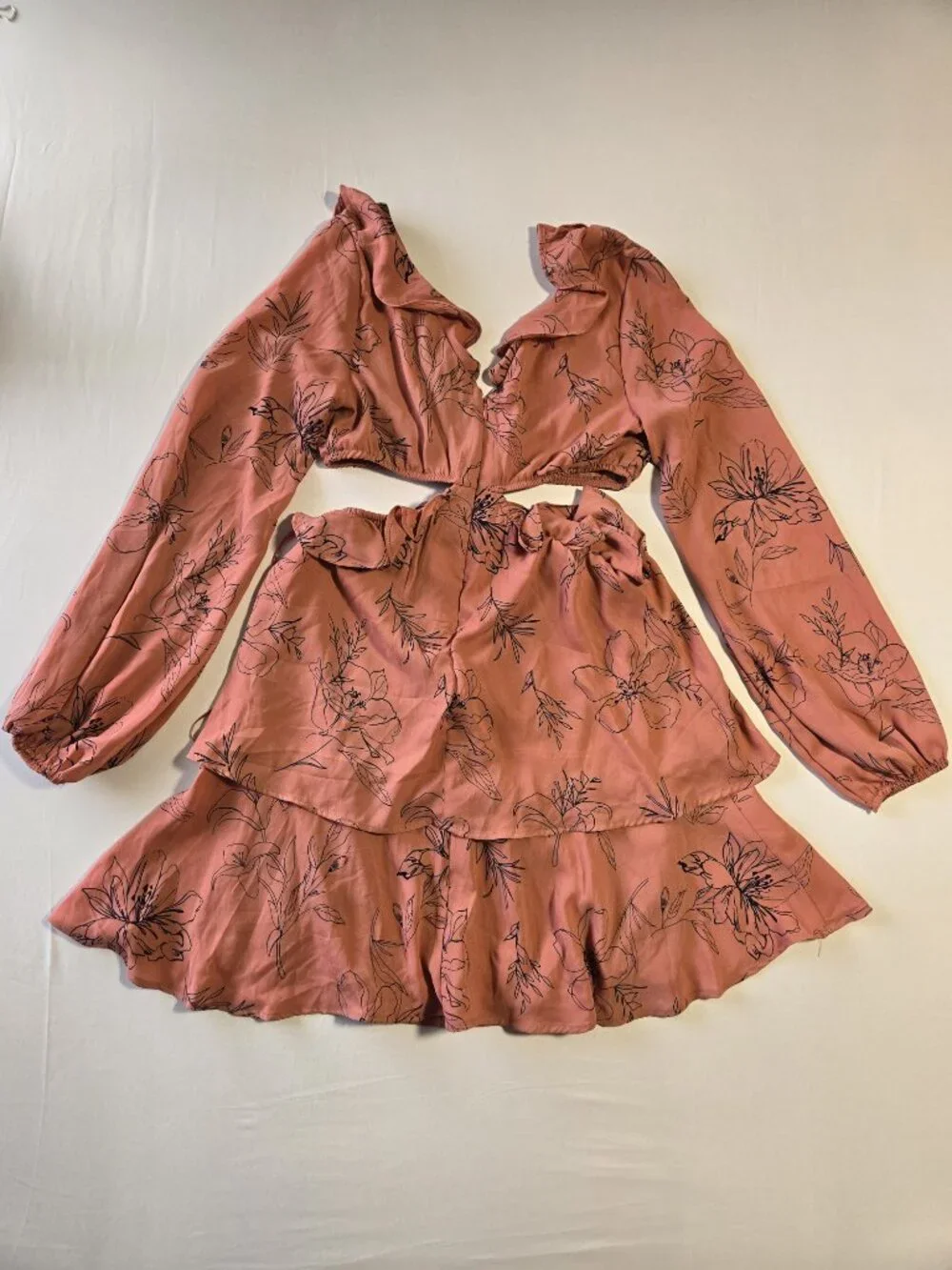 Open Edit Nordstrom Mini Dress Size S Pink Floral Cutout Long Sleeve Ruffle